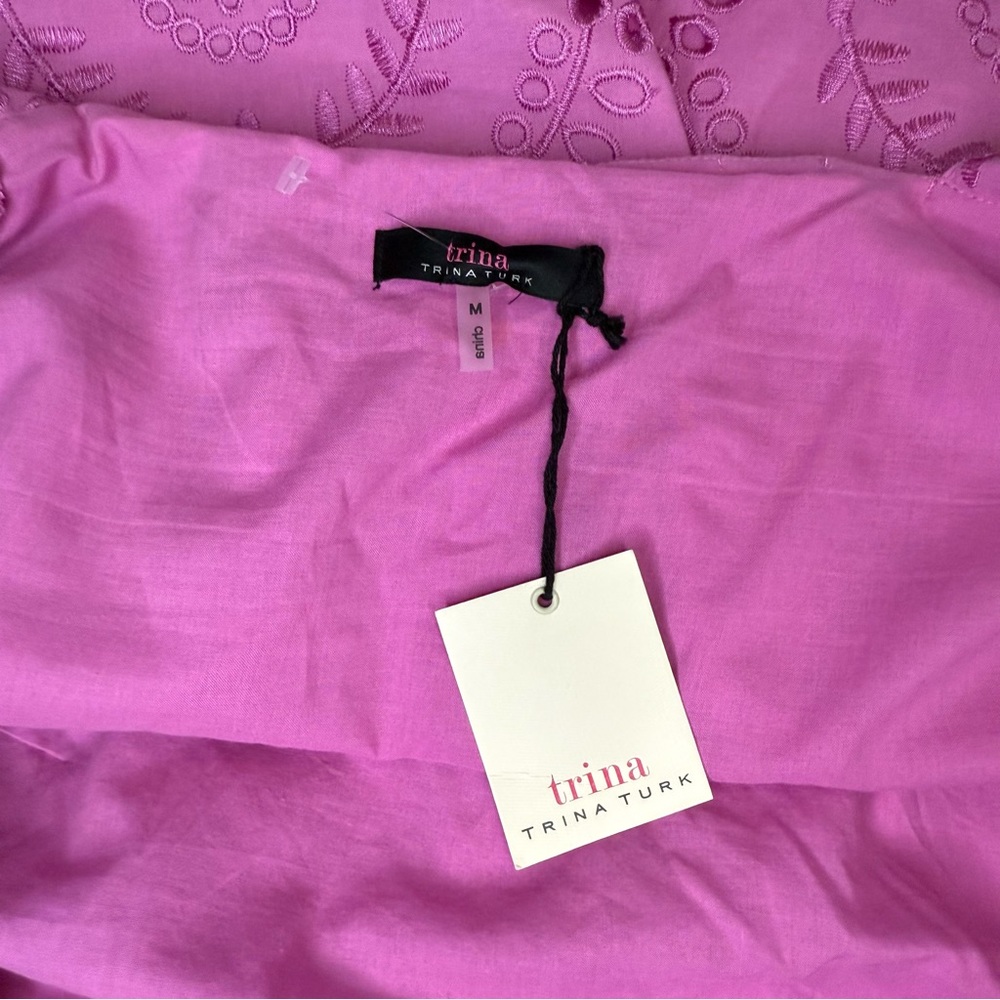 Trina Turk Pink Eyelet Off-Shoulder Sleeved Cotton Dress M NWT Party Wedding - Picture 7 of 9